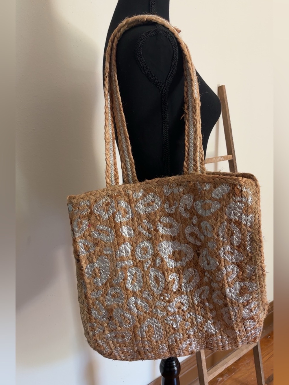 Jute silver Leopard-Print Tote Bag